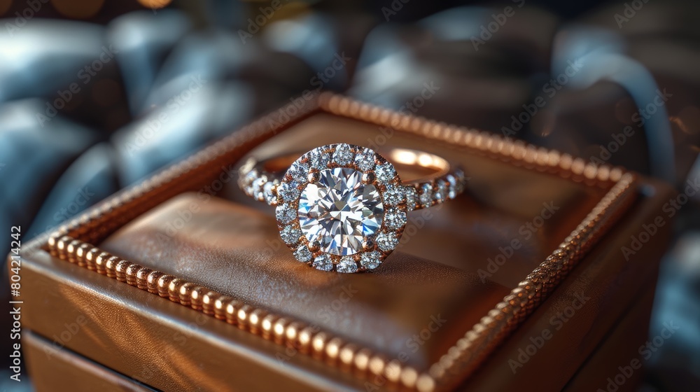 Elegant engagement ring with sparkling diamond surrounded by floral accents in a luxurious box Elegant engagement ring with sparkling diamond surrounded by floral accents in a luxurious box