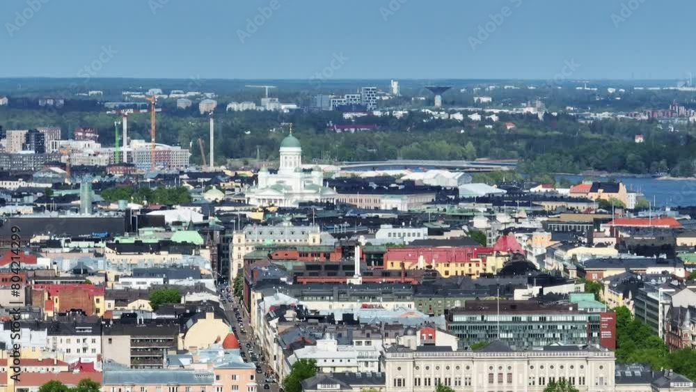 Telephoto drone shot of the Helsinki cathedral and the Kamppi district, summer in Finland Telephoto drone shot of the Helsinki cathedral and the Kamppi district, summer in Finland