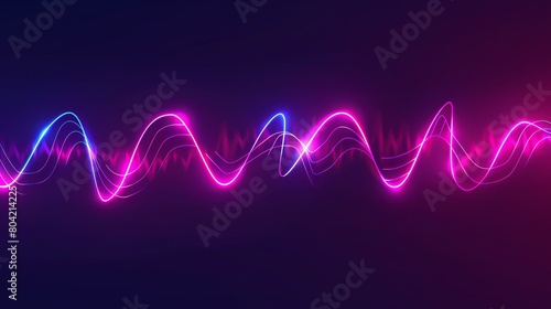 Modern background with neon audio voice frequency wave and abstract sound light. Radio pulse effect curve design. Movement of musical track volume line illustration. Electronic record led graph