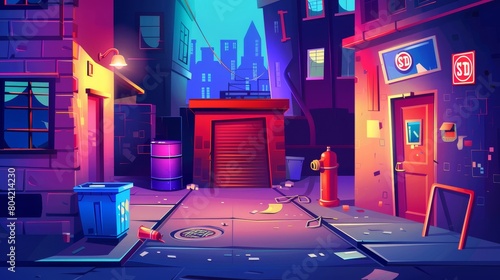 Cartoon set of dark quiet alleyways surrounded by buildings, dumpsters, barrels, hydrants, and stop signs. Cityscape clipart kit for games in the night. photo