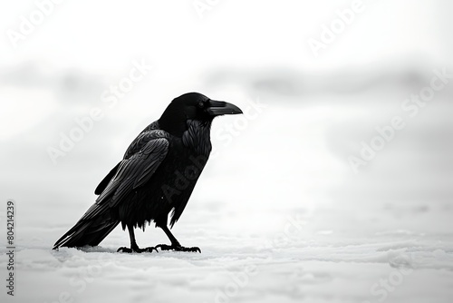 The stark contrast of a raven on a white field