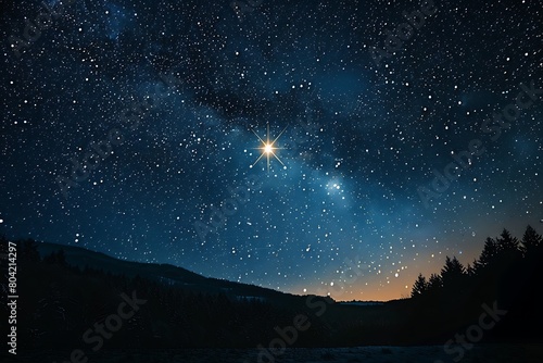 The stark contrast of a single bright star in a dark sky