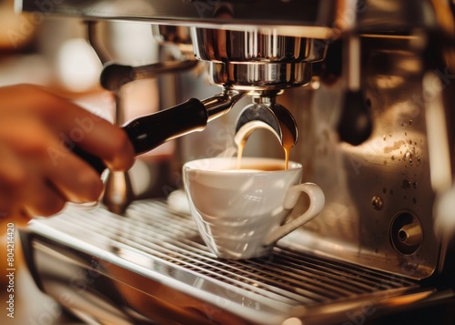 Skilled baristas operate espresso machines, filling glasses with fresh coffee in a comfortable cafe atmosphere