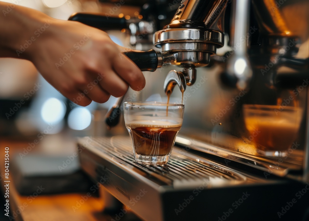 Skilled baristas operate espresso machines, filling glasses with fresh coffee in a comfortable cafe atmosphere