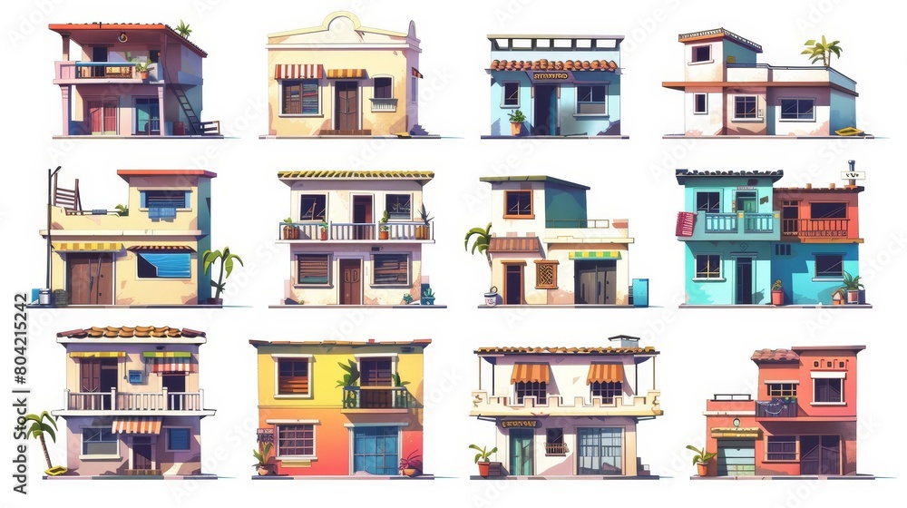 Building set of ghetto street houses in a street in a ghetto city. Illustration depicting a depiction of a broken down Hindu village home isolated on a white background.