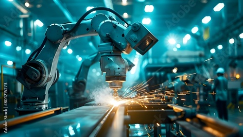 Factory engineer oversees welding robotics for efficient automotive production operations. Concept Factory Engineering, Welding Robotics, Automotive Production, Efficiency Operations photo