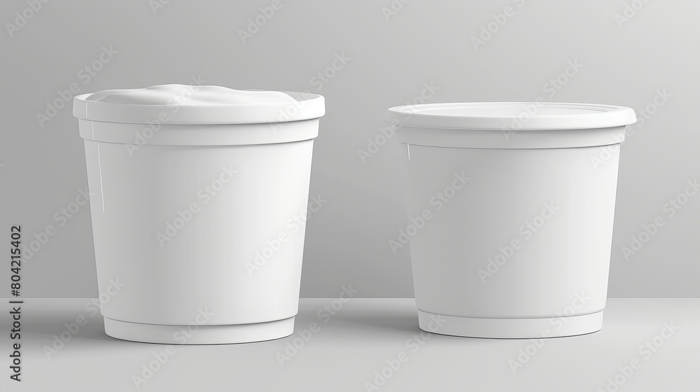 Modern mockup of a white plastic ice cream bucket container. Modern mockup of 3D yogurt paper round cup. Isolated mousse tube image to use as a template. Modern mockup of a white plastic ice cream bucket container. Modern mockup of 3D yogurt paper round cup. Isolated mousse tube image to use as a template.