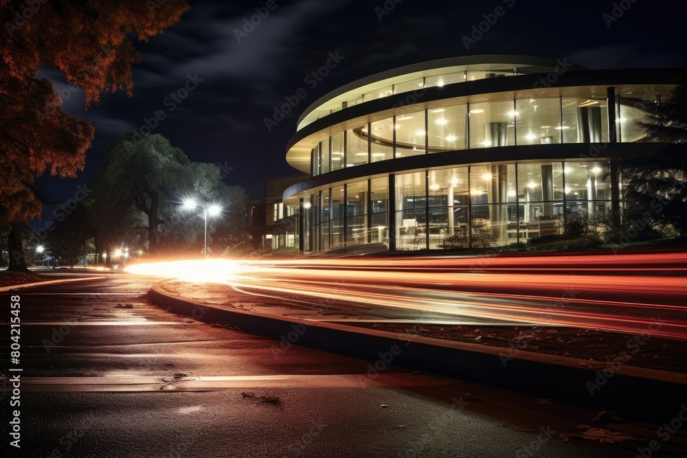 Fototapeta premium Drive through a university campus at night.