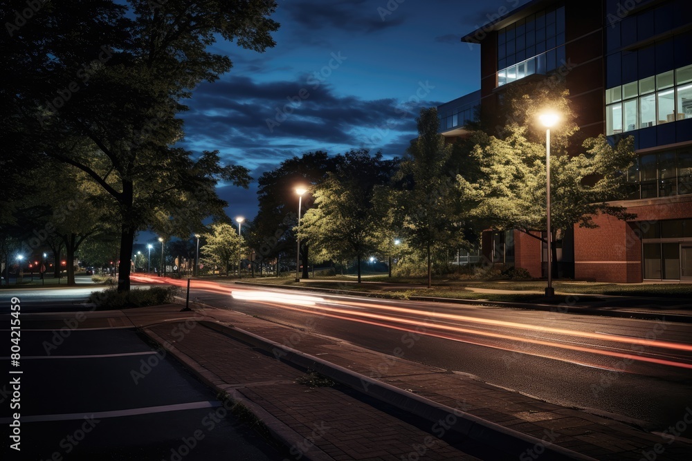 Drive through a university campus at night.