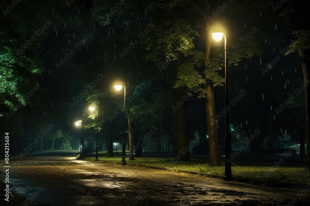 Drive through a city park with lampposts and fireflies.