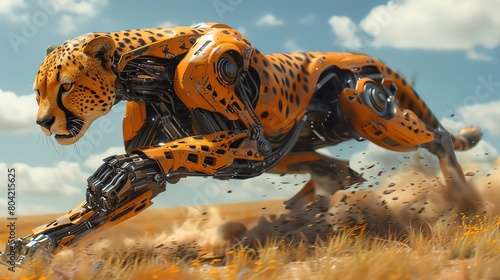 Capture the majestic robotic cheetah sprinting across a futuristic savannah, low angle shot emphasizing speed and power, in HDR photorealistic digital rendering