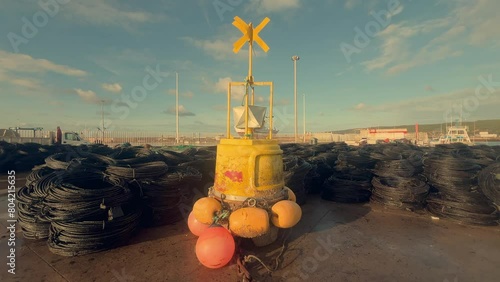 A sturdy yellow navigation buoy stands tall on the dock of a coastal Spanish fishing village, acting as a beacon of maritime safety and guidance amidst the lively port activities. photo