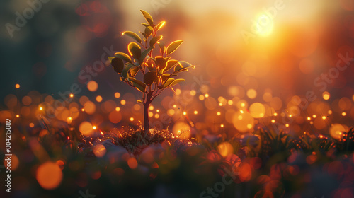  a young tree bathed in the warmth of dawn  surrounded by a haze of bokeh lights that lend an aura of mystery and enchantment  symbolizing the transformative power of technology in capturing the essen