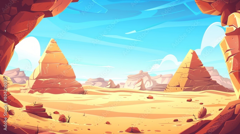 Sand dunes and ancient pyramids in a desert landscape under a scorching summer sun, viewed through a dark stone cave. Modern cartoon illustration of a pharaoh tomb in a sand dunes landscape. Scenic