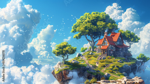 Fantasy digital artwork of a charming house on a cliff surrounded by lush trees, clouds, and flying birds.