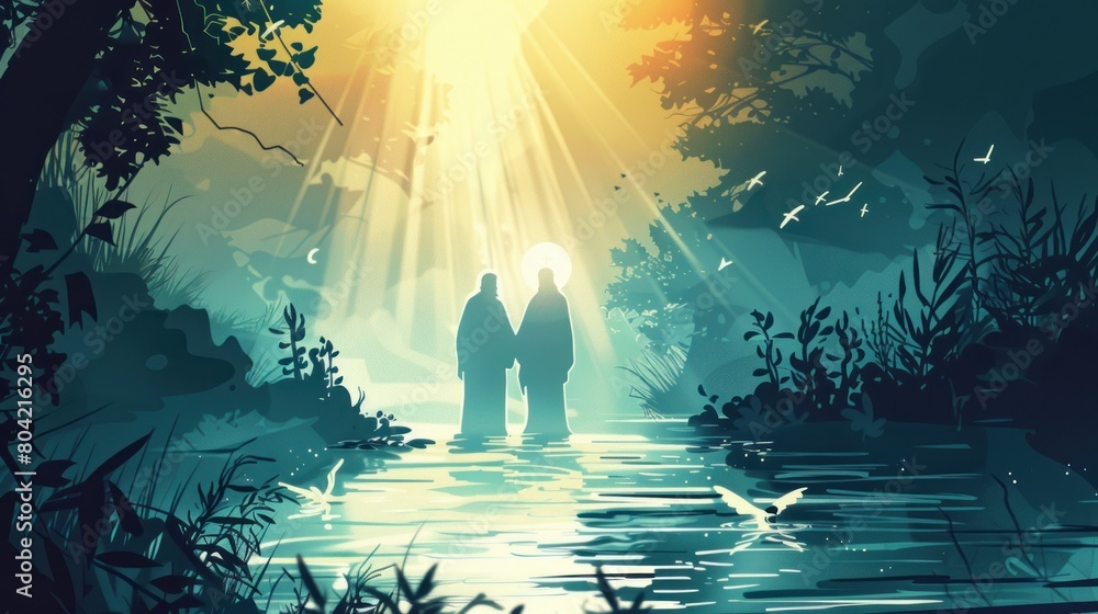 A man and a woman are walking in a forest by a river