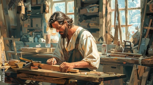 A man is working on a piece of wood in a workshop