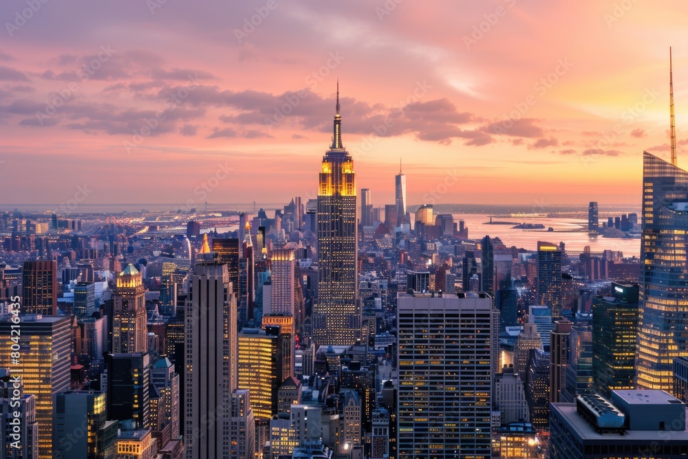 Empire State Building and New York City skyline in the evening.