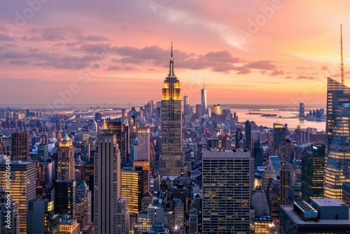 Empire State Building and New York City skyline in the evening.
