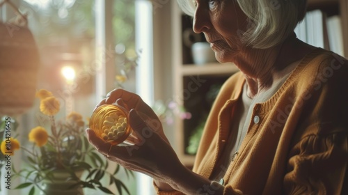 Close up mature woman taking out pills from bottle, supplements or antibiotic, older female preparing to take emergency medicine, chronic disease, healthcare and treatment concept photo