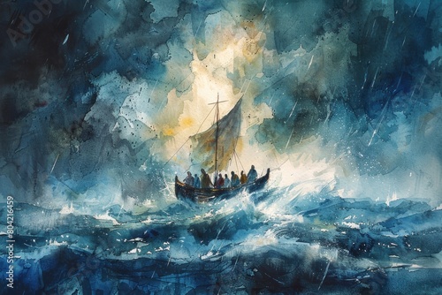 A painting of a boat in the ocean with a stormy sky