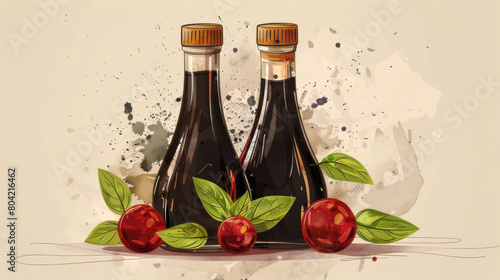 Creative illustration of soy sauce bottles with cherries and leaves  combining natural elements with food styling.
