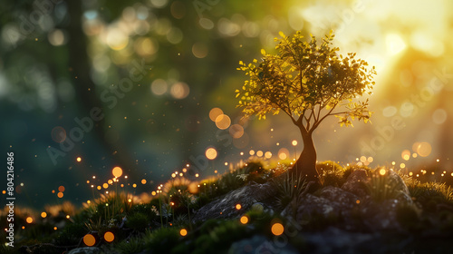 a youthful tree stands tall against the backdrop of a sunrise, its leaves aglow with the promise of a new day, while delicate bokeh lights dance around, highlighting the seamless integration of techno © phairot