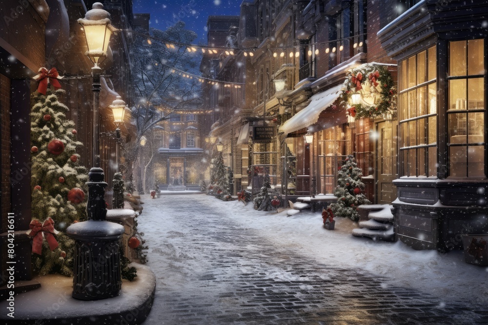 City street during a light snowfall with Christmas decorations. City street during a light snowfall with Christmas decorations.
