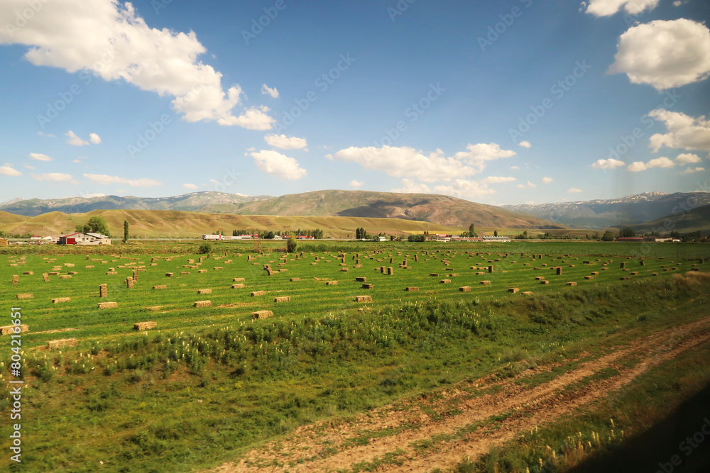 Passing farming, agriculture on the train ride in the Eastern Express, Dogu Ekspresi from Kars to Ankara, green field with hay bales on it, Turkey Passing farming, agriculture on the train ride in the Eastern Express, Dogu Ekspresi from Kars to Ankara, green field with hay bales on it, Turkey