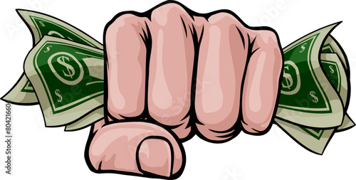 A hand in a fist squeezing cash money dollar bills. In a comic book pop art cartoon illustration style