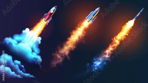 This modern realistic set includes a realistic fire trail with smoke from a rocket, space ship, or jet launch. Flames and steam clouds from a rocket, shuttle, or missile blast off are also included.