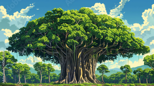 A large banyan tree with extensive roots and green canopy in a vibrant  lush landscape under blue skies.