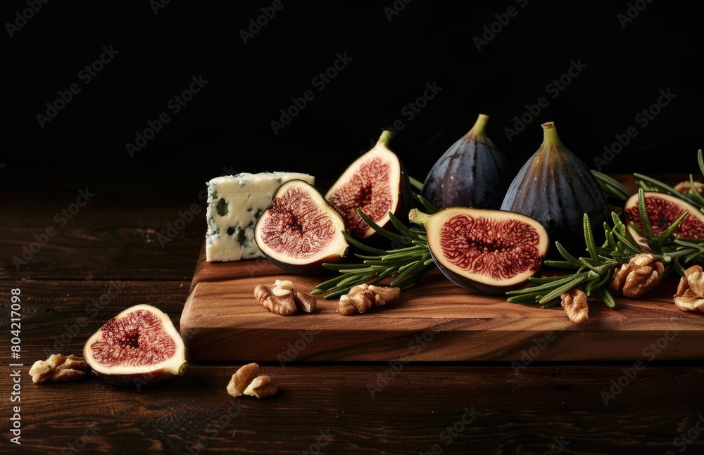 Blue cheese and figs on wooden board with nuts.