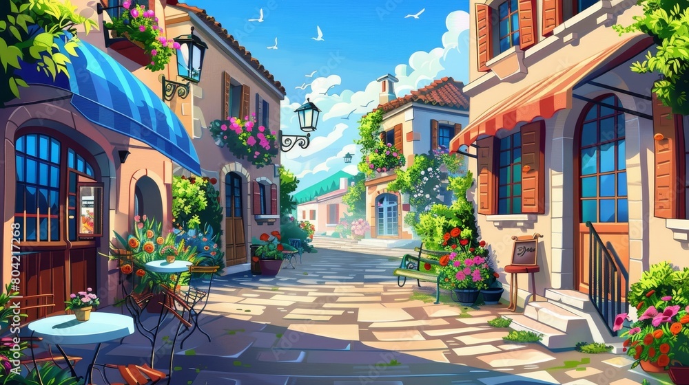 Modern cartoon illustration of traditional European architecture with stone walls, stone-paved roads, balconies and shutters on windows, decorated with flowers, on a sunny day in old Italian town.