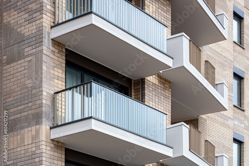 A closeup view of a tall brick building with balconies, showcasing its architectural details © Ilia Nesolenyi
