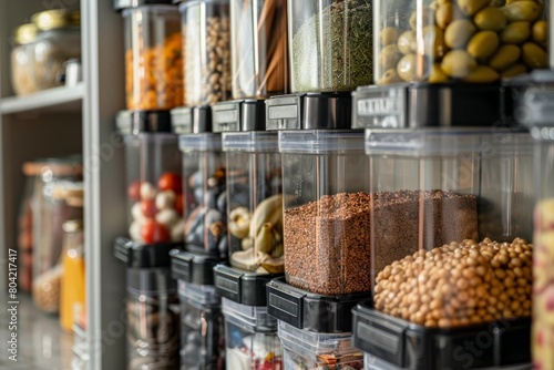 A closeup view of a shelf in a kitchen pantry packed with different types of food items neatly arranged in stackable storage containers