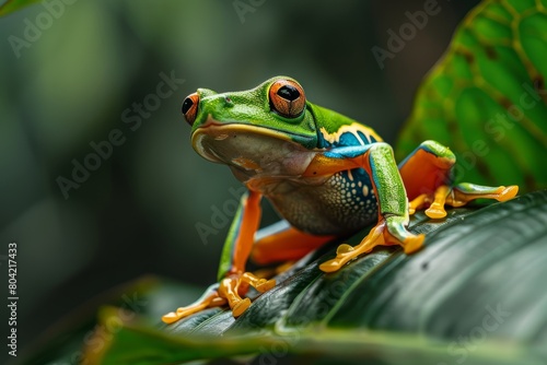 A red-eyed tree frog perched on a leaf in its natural habitat in the rainforest, showcasing its vibrant colors © Ilia Nesolenyi