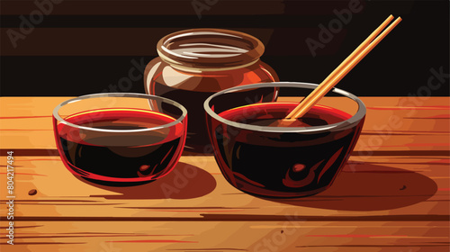 Bowl and jug of soy sauce with chopsticks on dark w