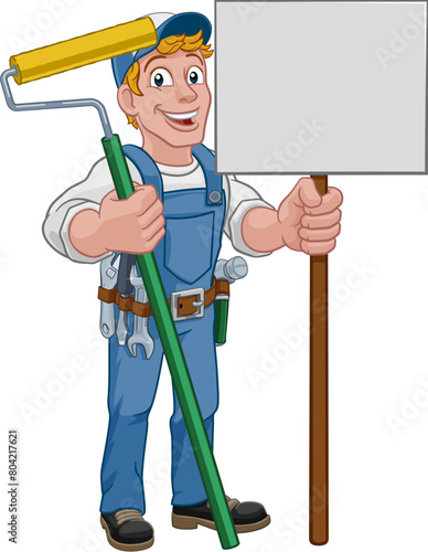 A painter decorator handyman cartoon construction man mascot character holding a paint roller tool