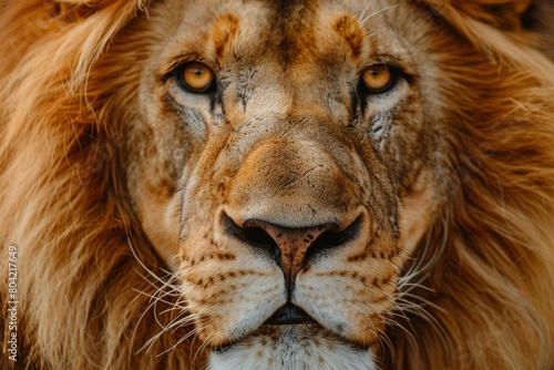 Close up of a lions face with a blurry background  showcasing its regal demeanor and piercing gaze
