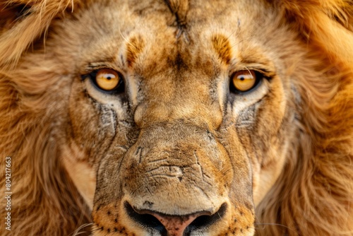 A close-up of a lions face showcasing its yellow eyes and regal expression