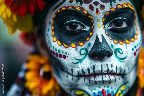 Closeup of a person with colorful face paint resembling Dia de los Muertos makeup, adorned with flowers on their head