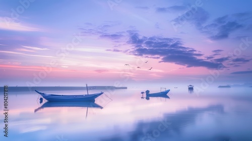 A serene harbor at dawn, with fishing boats gently swaying on the calm waters and the first light of morning casting a golden glow on the horizon photo