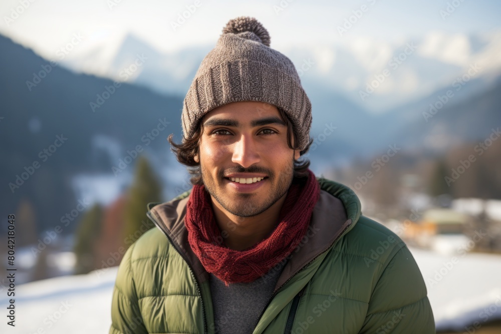 Portrait of a blissful indian man in his 20s donning a warm wool beanie on backdrop of mountain peaks Portrait of a blissful indian man in his 20s donning a warm wool beanie on backdrop of mountain peaks
