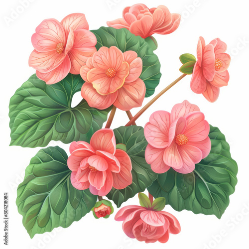 Beautifully detailed illustration of pink begonia flowers with lush green leaves  perfect for botanical art lovers.