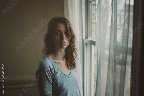 Woman standing by a window, gazing outside into the distance