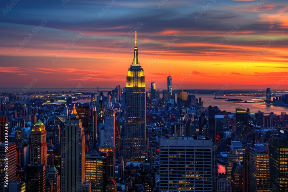 New York City skyline with Empire State Building at sunset.