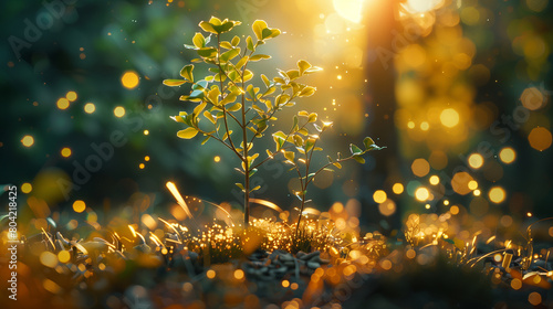  a young tree illuminated by the gentle morning light  its branches reaching towards the sky  while soft bokeh lights add a touch of magic to the scene  exemplifying the artistic synergy between techn