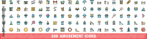 100 amusement icons set. Color line set of amusement vector icons thin line color flat on white