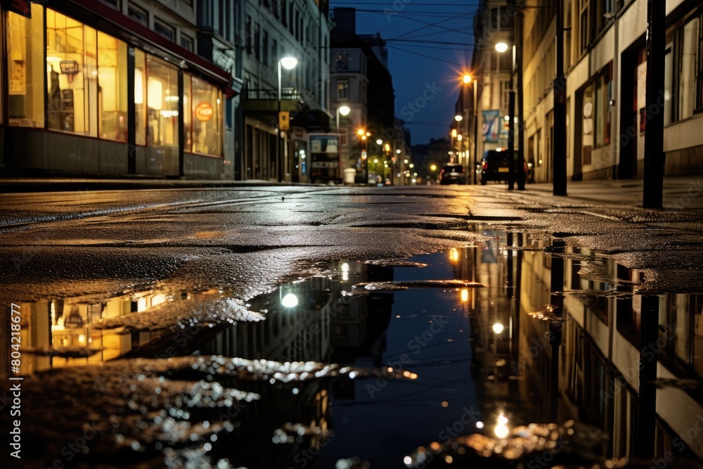 Nighttime cityscape with reflections in rain puddles. Nighttime cityscape with reflections in rain puddles.